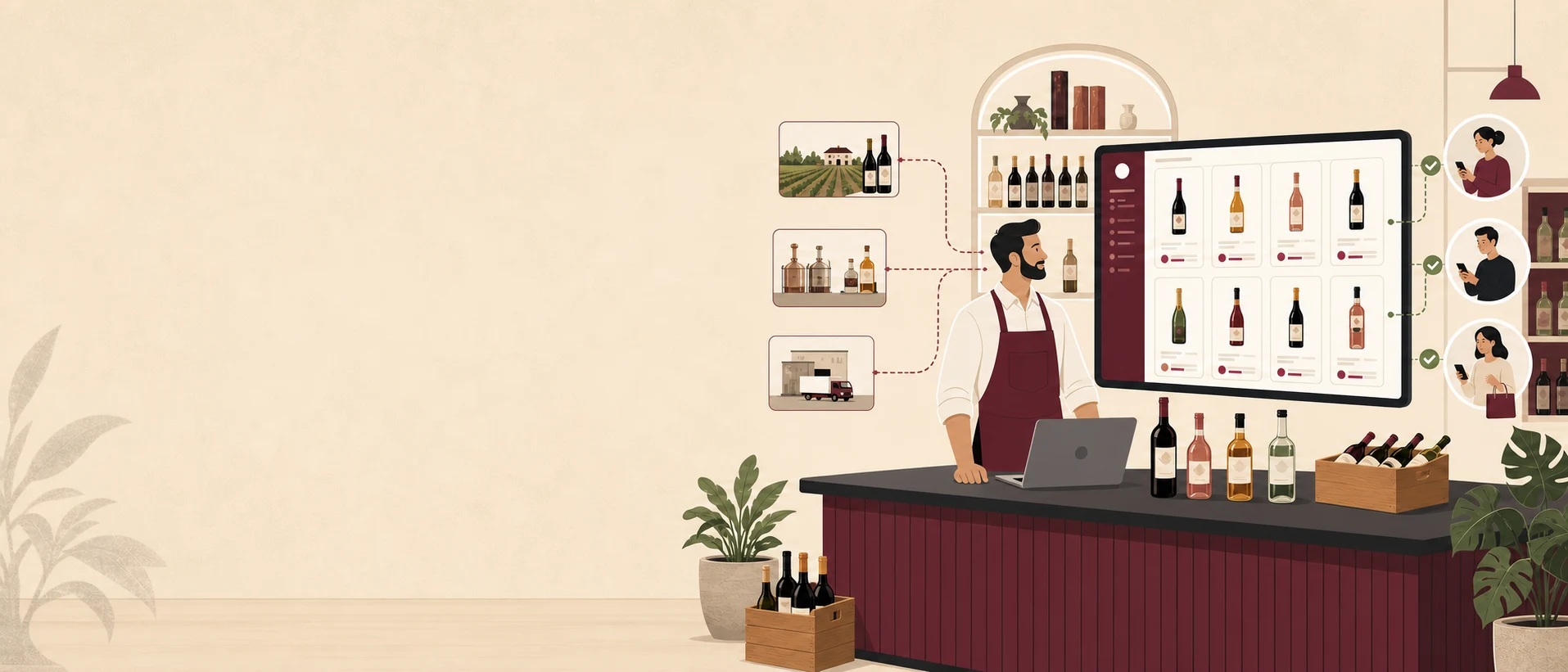 A drinks merchant helping buyers discover bottles available in the store